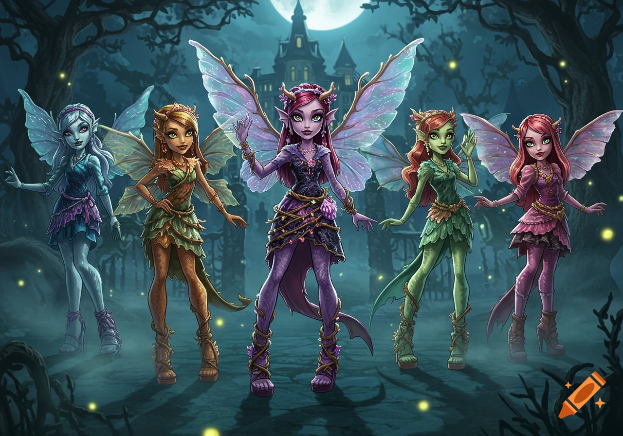 Five stylized monster-like fairy girls in colorful dresses pose in a spooky forest with a castle under a full moon.