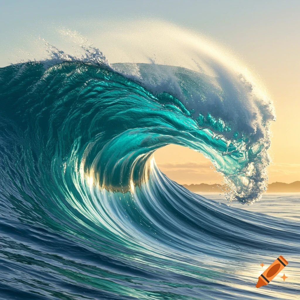 A large, turquoise ocean wave curls, with sunlight shining through its crest and water spraying.