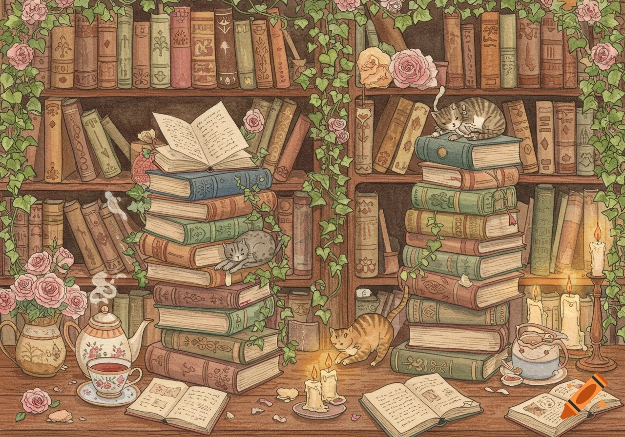 A hand-drawn watercolor illustration of a cozy bookshelf with books, climbing roses, three cats, teacups, and glowing candles.