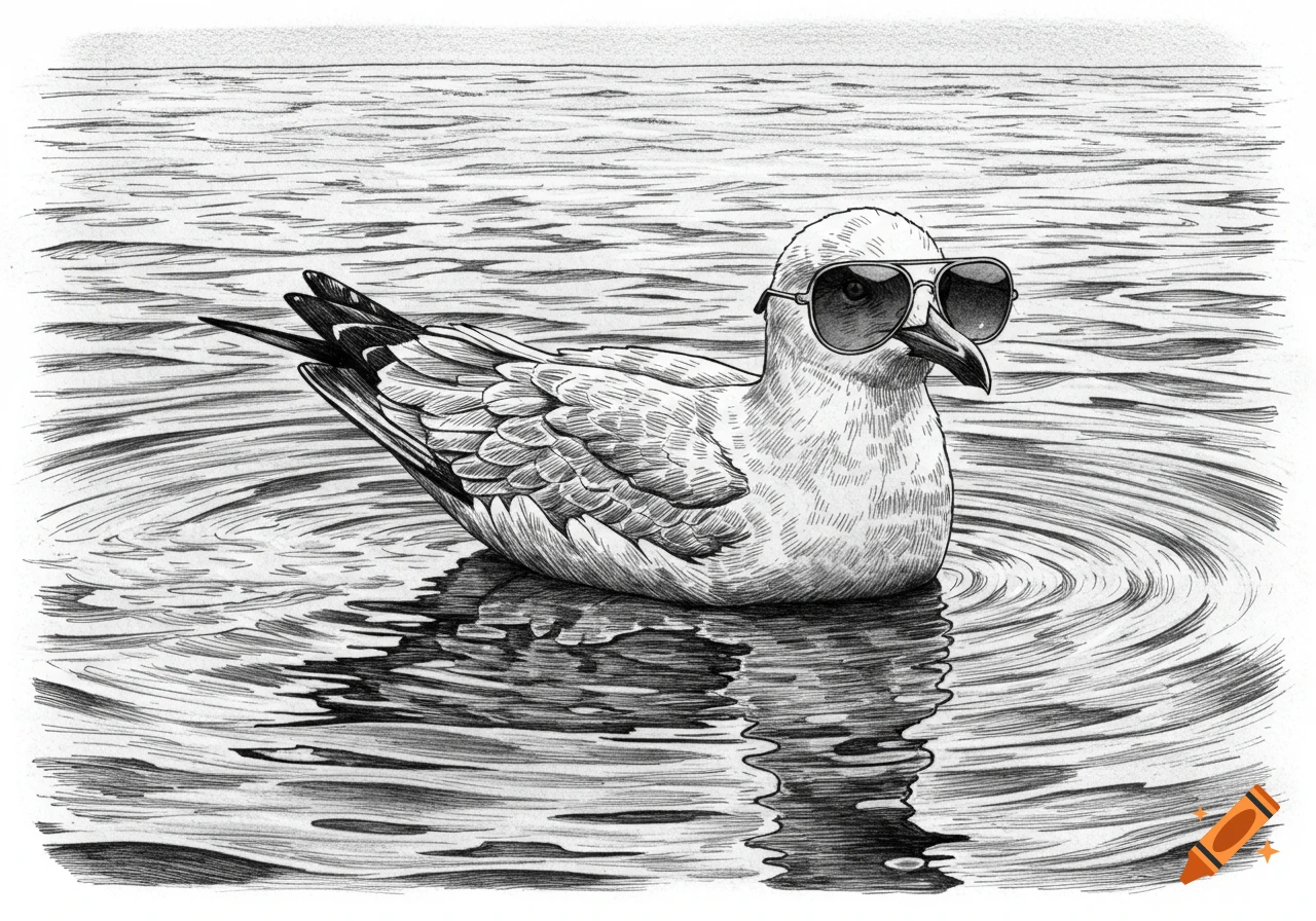 Black and white drawing of a cool seagull wearing aviator sunglasses, floating on water with ripples.