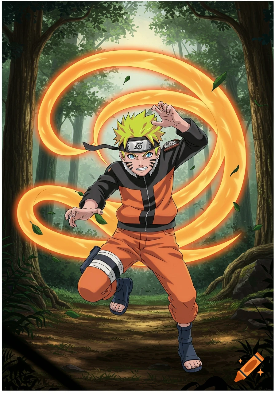 Naruto Uzumaki in his signature orange and black outfit, surrounded by swirling orange chakra energy, in a forest setting.