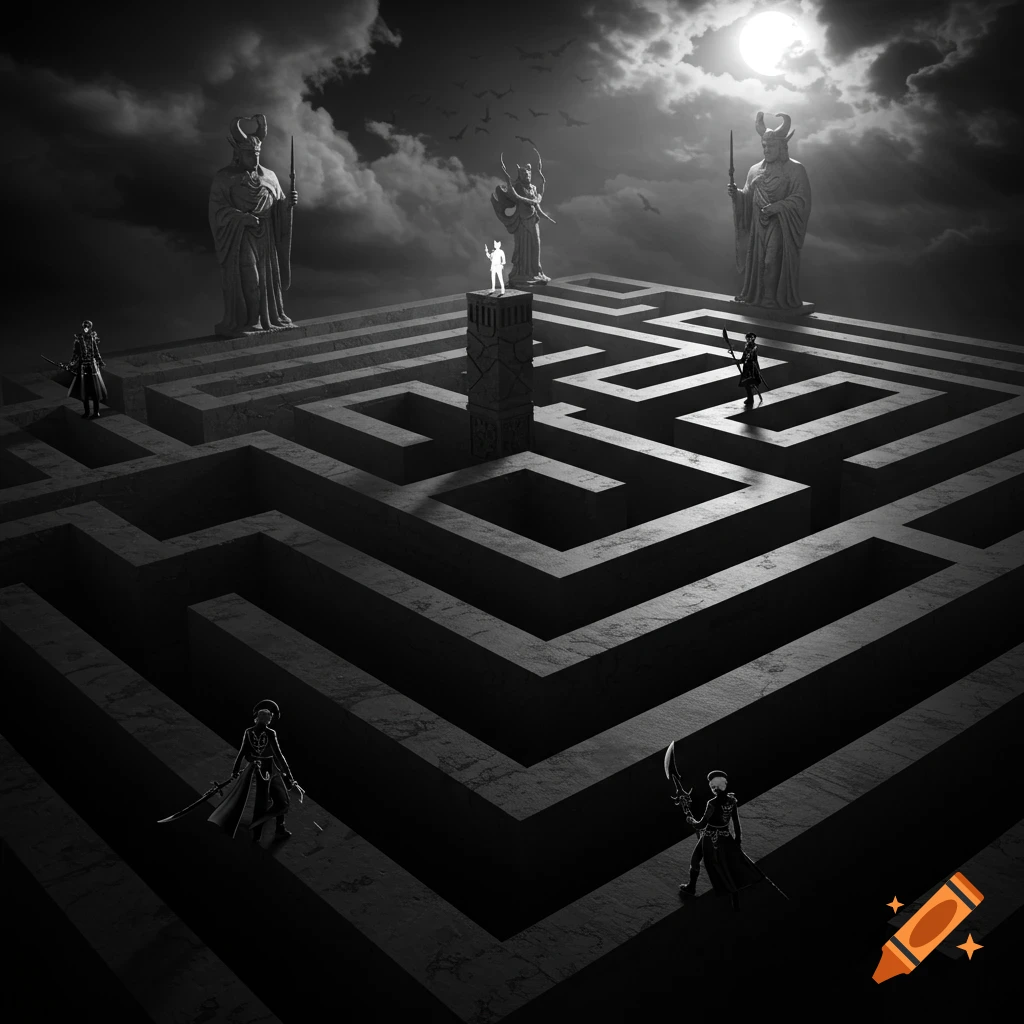 Monochromatic fantasy art of a large maze with small figures, towering horned statues, bats, and a full moon under a cloudy night sky.