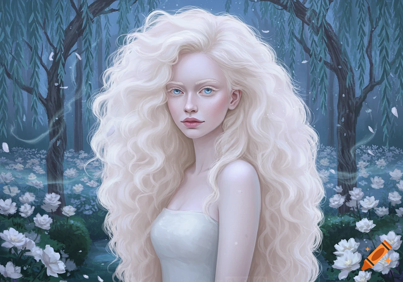 Digital art portrait of an albino woman with long, curly white hair and blue eyes in a mystical forest.