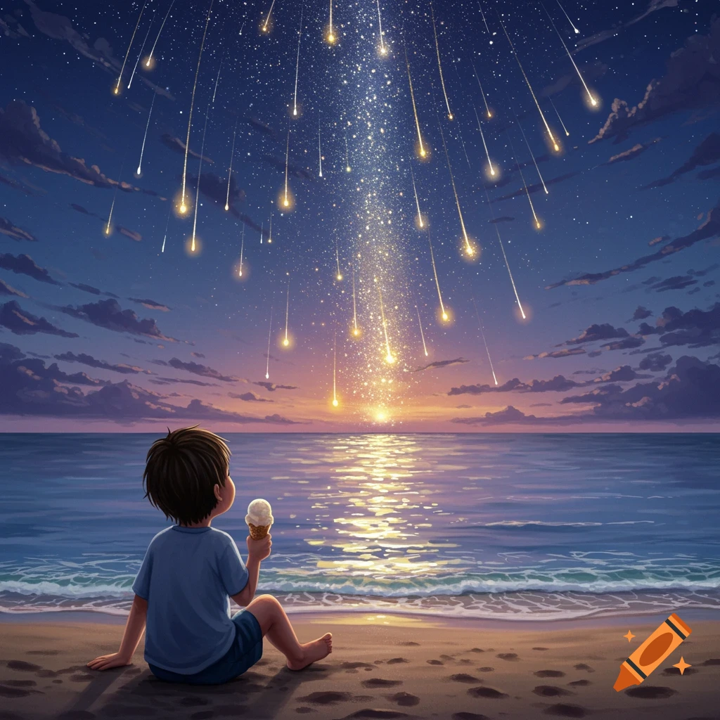 A child sits on a sandy beach at twilight, holding an ice cream cone, watching a shower of sparkling stars fall into the ocean.