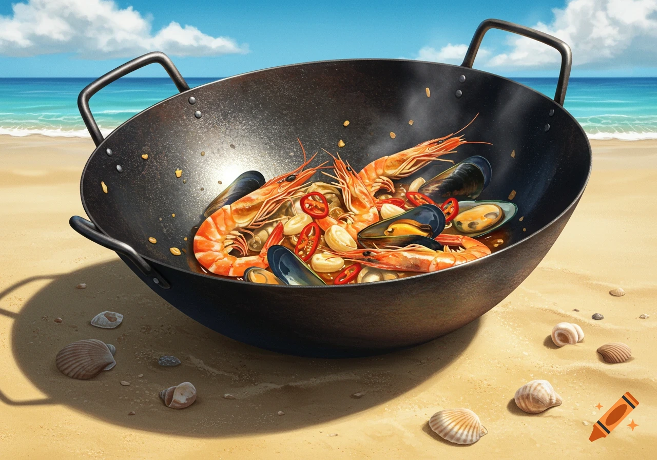 A vibrant illustration of a wok full of shrimp, mussels, and peppers on a sandy beach with the ocean in the background.
