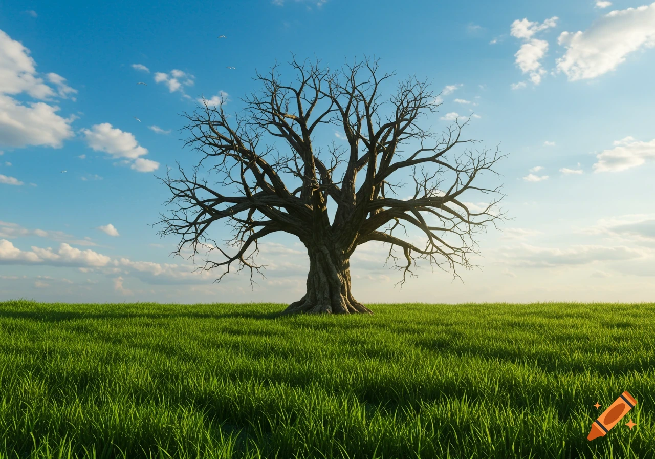 A solitary leafless tree stands in a vibrant green field under a bright blue sky with scattered white clouds.