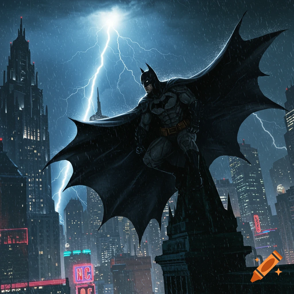 Batman stands on a gargoyle overlooking a dark, rainy city as lightning strikes the sky, in a dramatic comic art style.