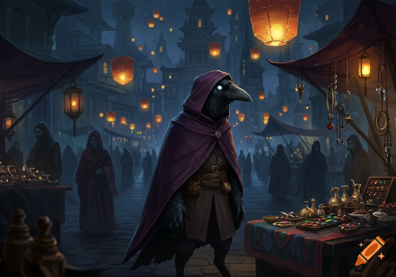 A humanoid crow in a purple hooded cloak stands in a bustling, lantern-lit fantasy marketplace at night.