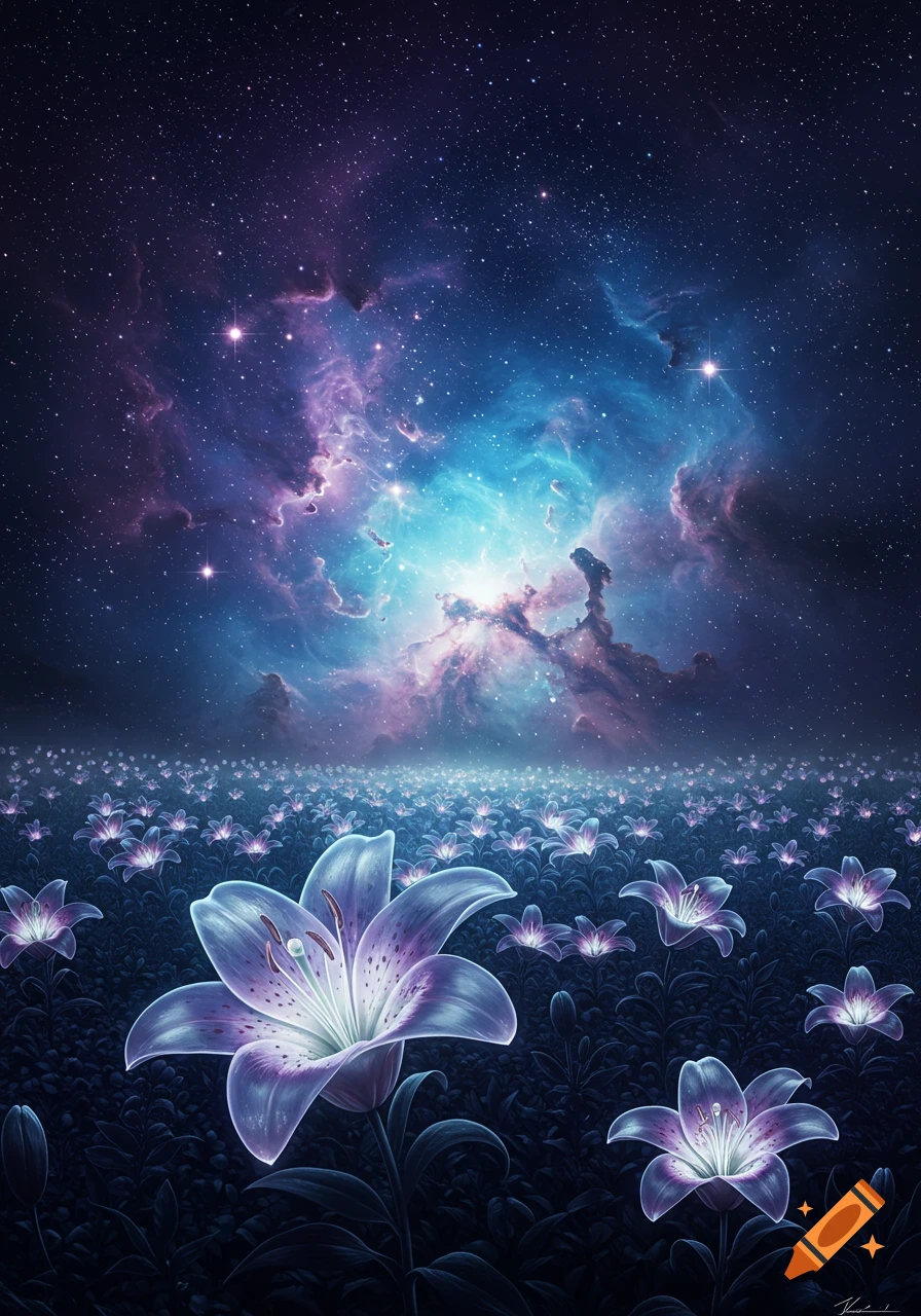 A vibrant field of glowing purple and white lilies under a dazzling starry sky with a bright nebula.