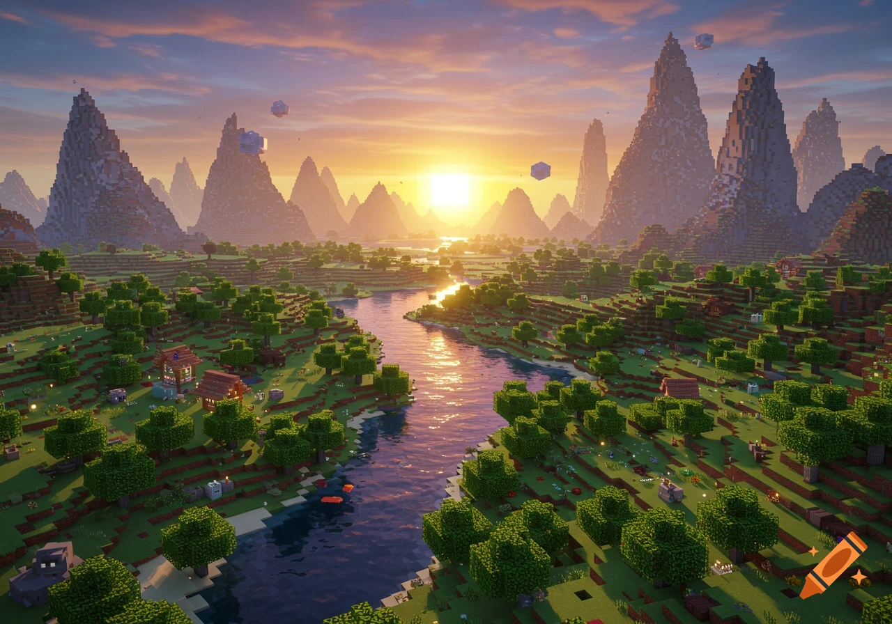 Vibrant blocky landscape resembling Minecraft at sunset, with a winding river, pixelated mountains, and lush forests.