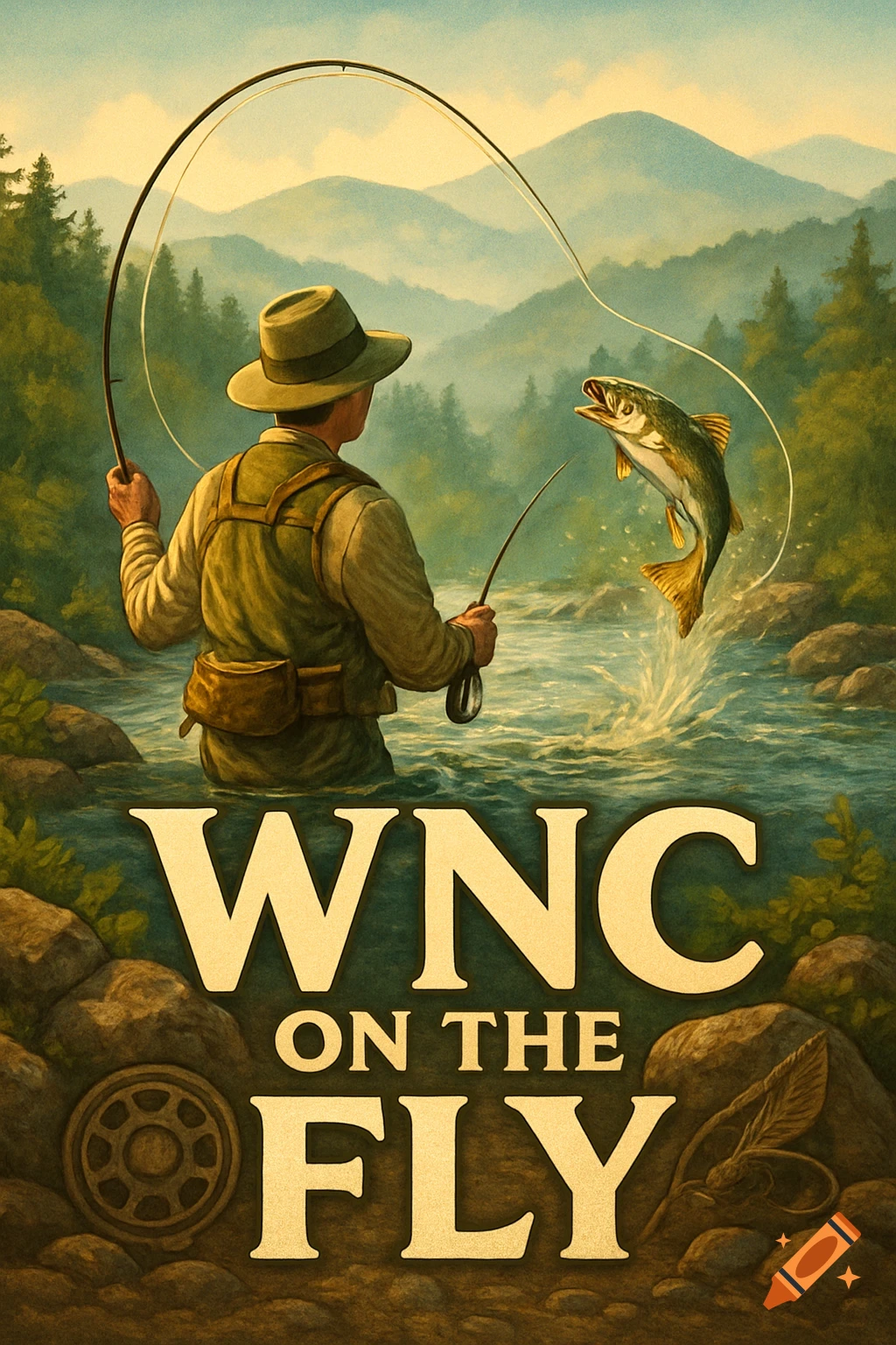 A vintage style illustration of a fly fisherman in a river with a trout jumping, set against a mountain landscape. Text reads 'WNC ON THE FLY'.
