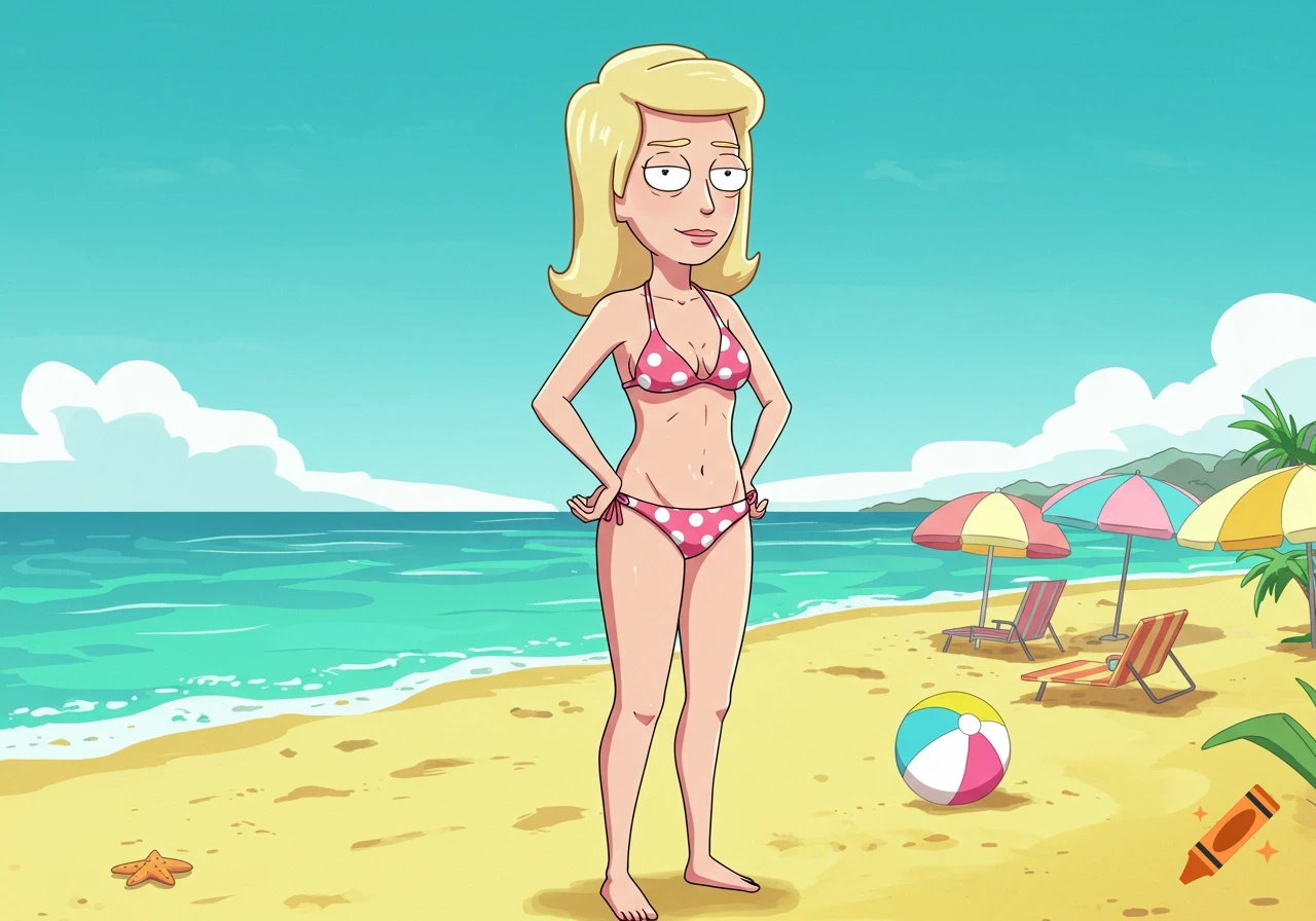 Beth Smith from Rick and Morty, a blonde woman, stands on a sunny beach in a pink polka-dot bikini, with the ocean and umbrellas in the background.