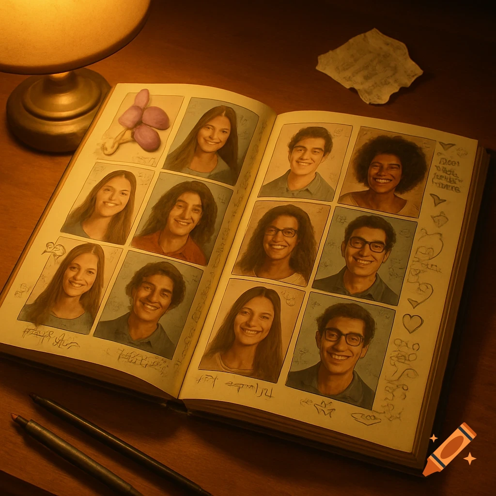 An open high school yearbook on a wooden desk, displaying portraits of smiling students, with a lamp and pens nearby.