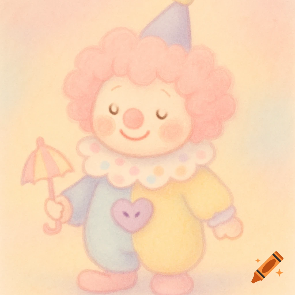 A cute pastel clown with pink curly hair, a blue hat, and a multi-colored outfit, holding a tiny umbrella.
