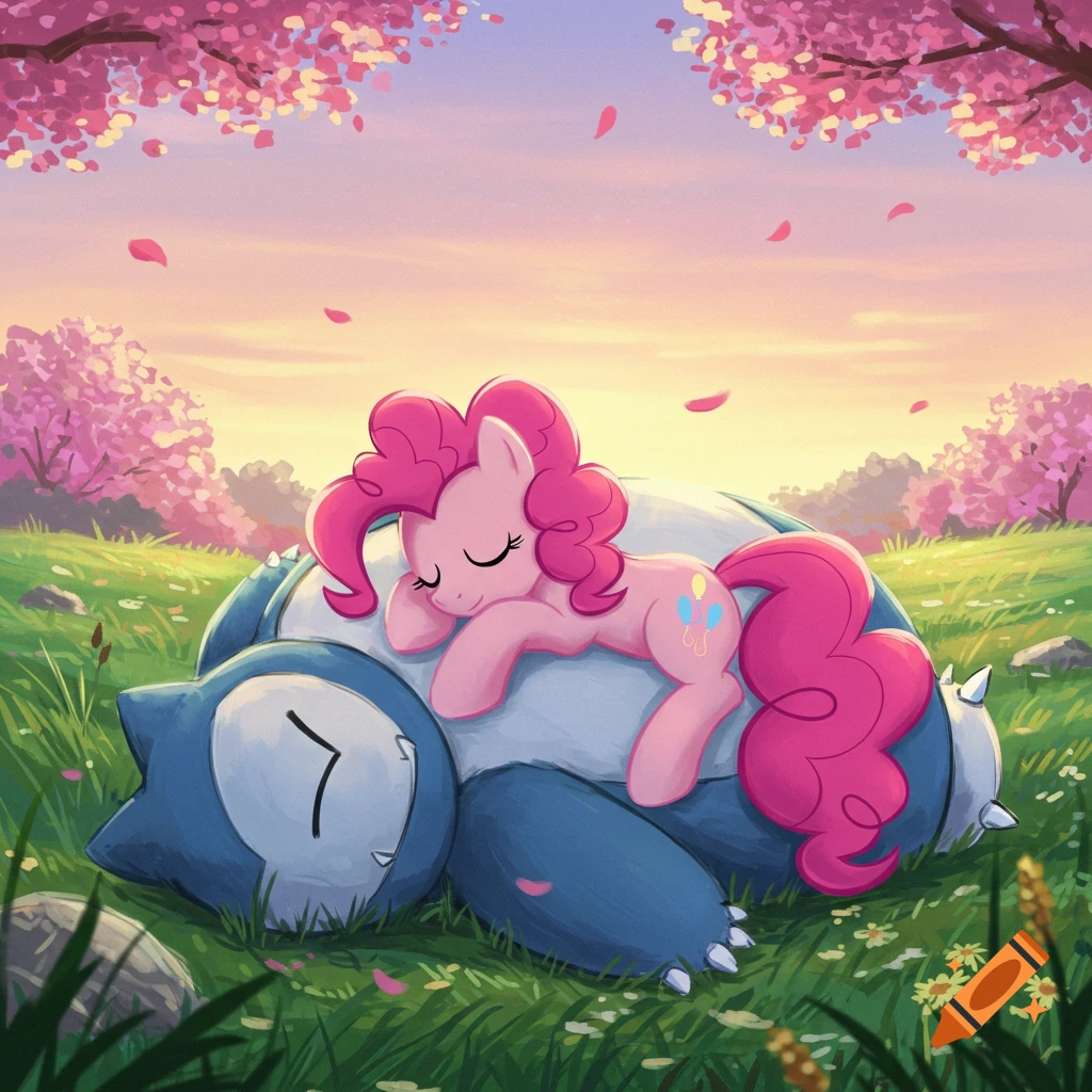 Pinkie Pie from My Little Pony sleeping peacefully on Snorlax from Pokémon in a vibrant field under cherry blossom trees at sunset.