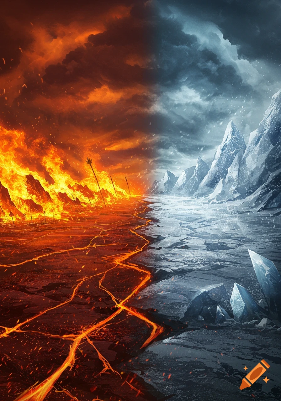 Dramatic fantasy landscape depicting a war between fire and ice, with lava fields and glaciers.