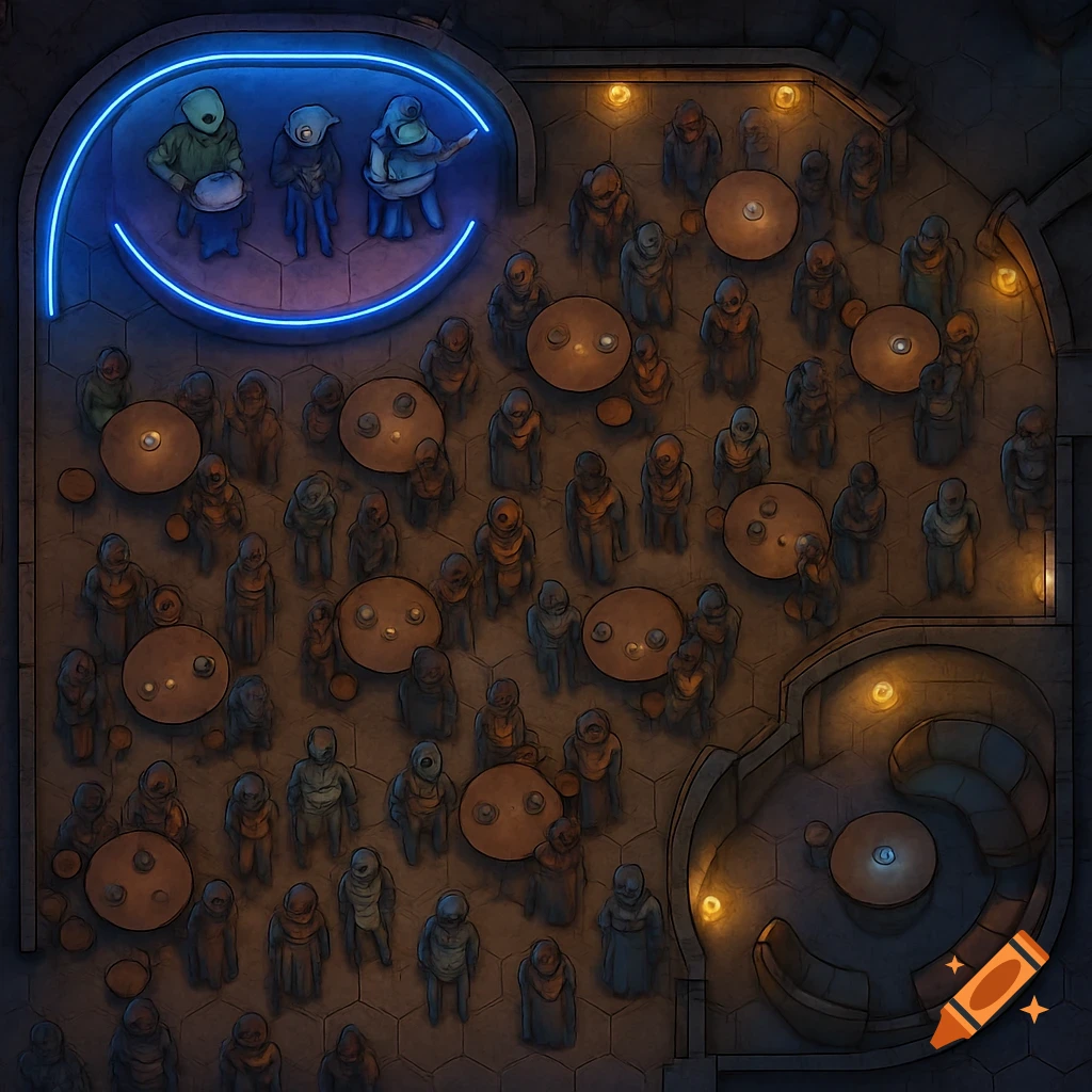 Top-down hexagon map of a dimly lit sci-fi cantina with alien patrons, a band on a stage with neon lights, and scattered tables.