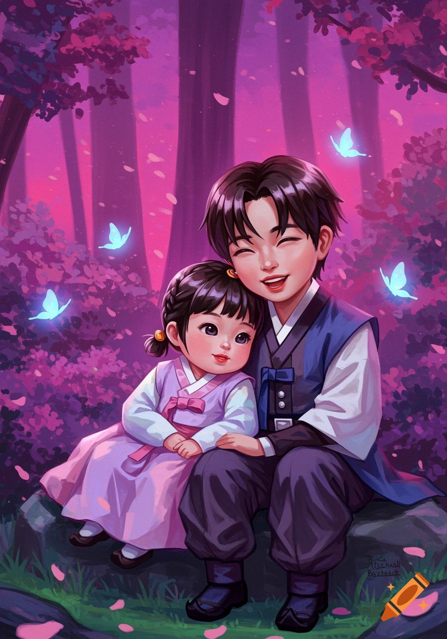 A smiling cartoon boy and a baby girl in purple hanbok sit in a vibrant pink and purple fantasy forest with glowing butterflies.
