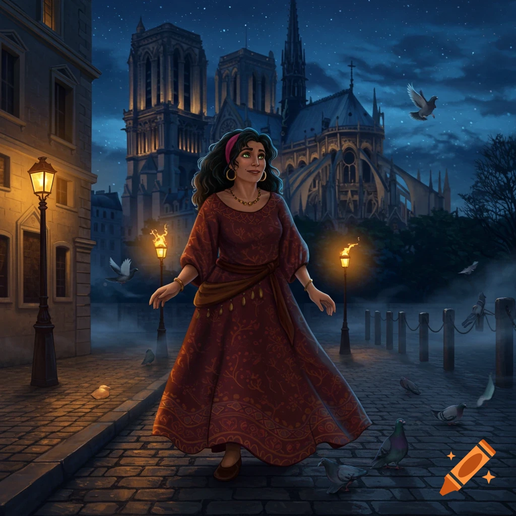 An illustration of a dark-haired woman in a red dress standing on a cobblestone street at night, with Notre Dame Cathedral in the background.