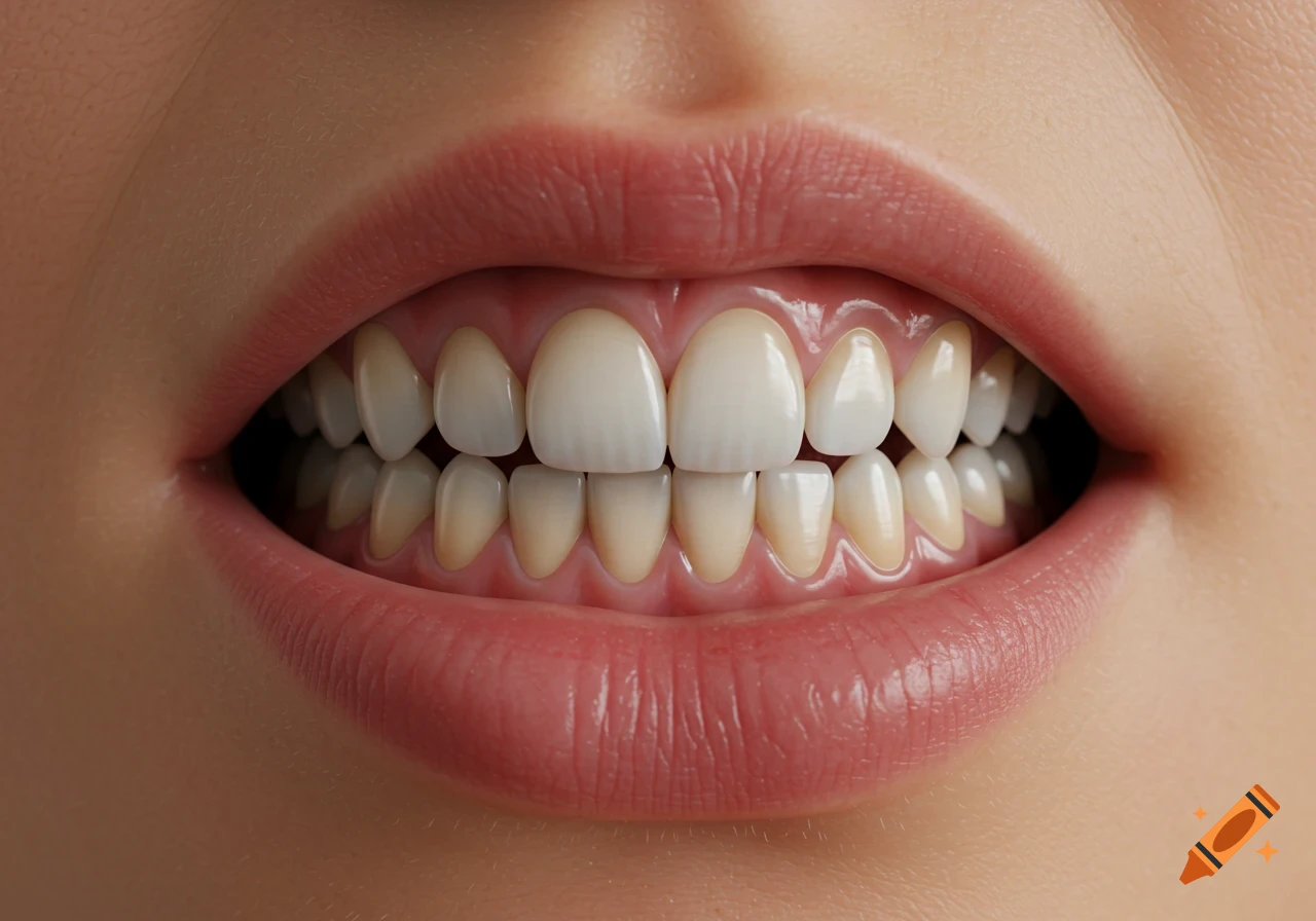 Close-up of an open mouth showing upper and lower teeth with an open bite anomaly.