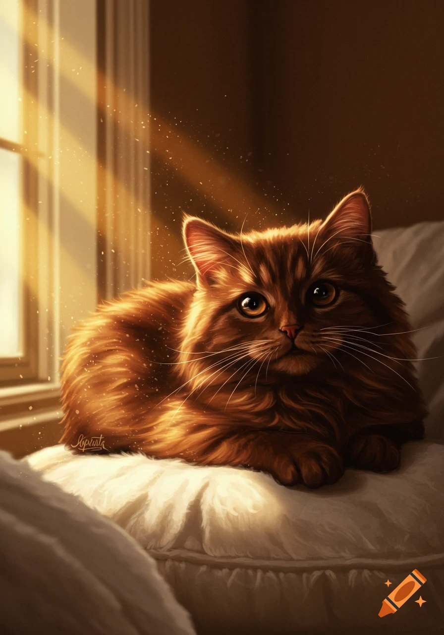 A fluffy, dark brown cat with amber eyes rests on a white cushion by a sunlit window, glowing in warm light.