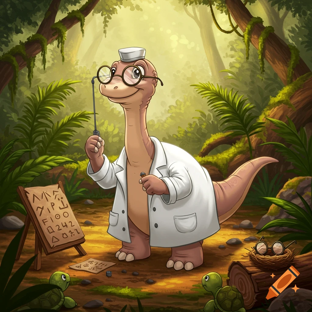 A cartoon dinosaur in a lab coat and glasses holds a pointer next to an easel in a lush jungle, with small turtles at its feet.