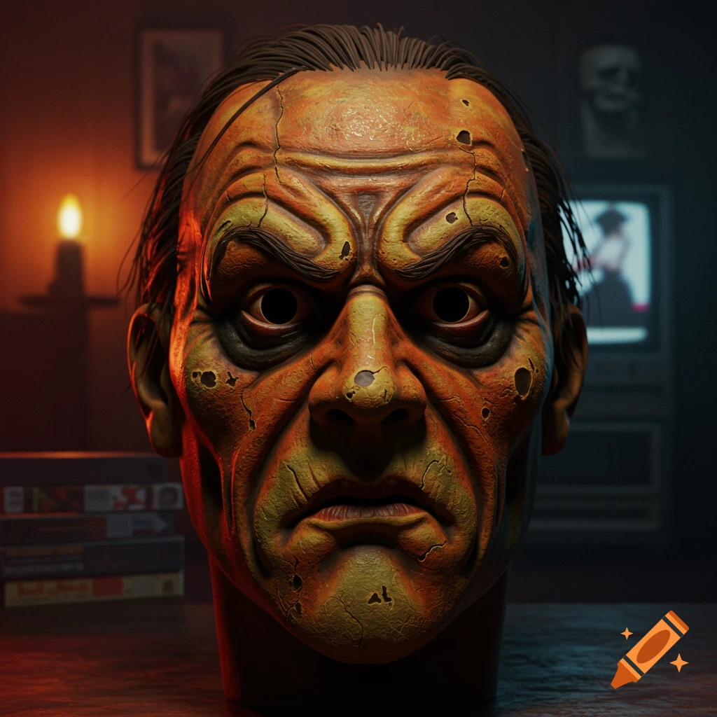 A close-up of a grotesque, decaying orange and yellow horror mask with dark eyes and a furrowed brow, lit by a candle in a dark room.