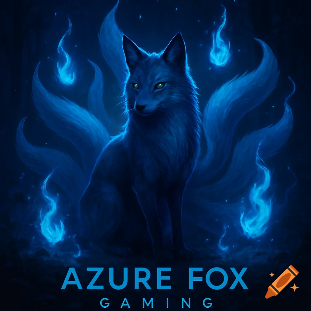 A stylized blue nine-tailed fox with glowing eyes, surrounded by blue flames. Text reads 'AZURE FOX GAMING'.