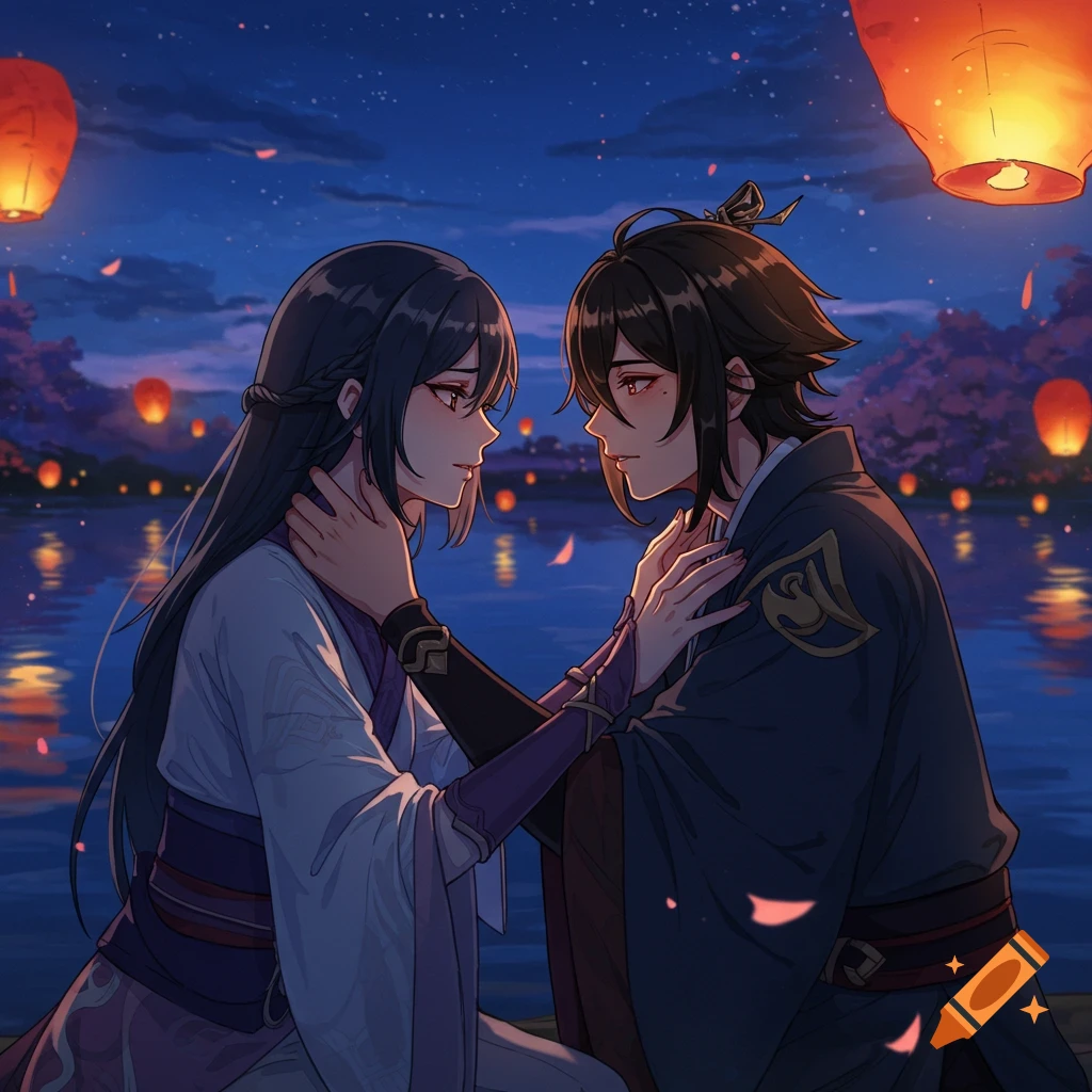 Two anime characters, one with long dark hair, the other with short dark hair, gaze lovingly at each other by a lantern-lit lake at night.