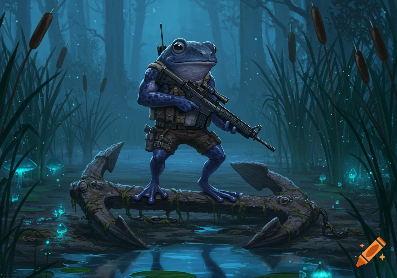 A muscular blue frog in military gear, holding a rifle, stands on an old anchor in a mystical, dark swamp with glowing mushrooms and cat-tails.