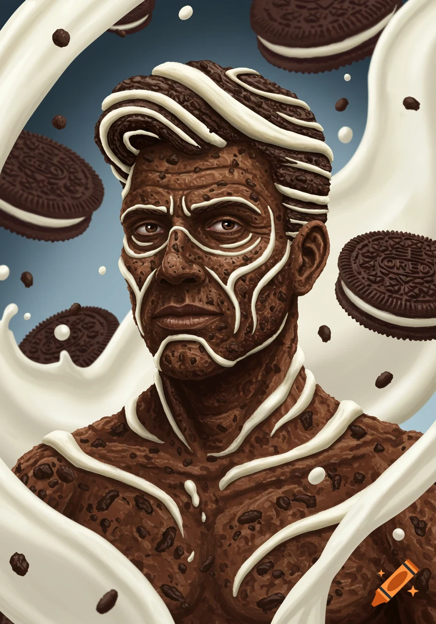 A man with textured skin like crushed Oreo cookies and cream-like hair and face markings. Oreo cookies and milk splashes float around him.