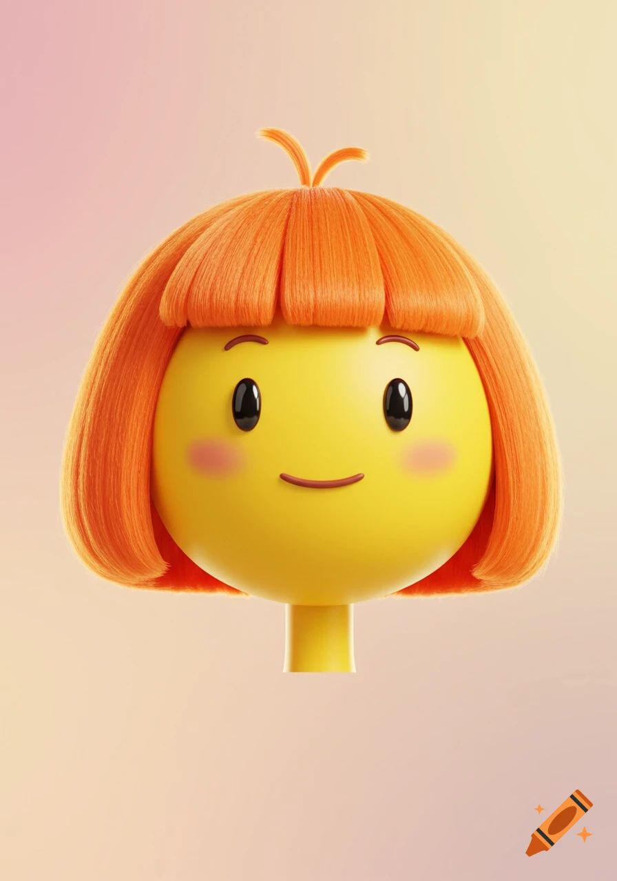 A 3D cartoon yellow face with pink blush, black oval eyes, a small smile, and an orange bob hairstyle with a top sprout, against a soft gradient background.