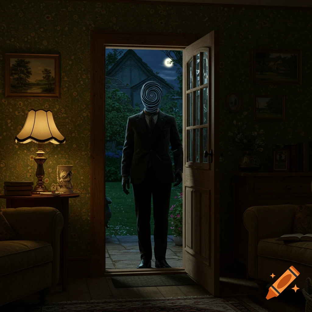 A mysterious figure with a spiral face stands in a doorway, looking from a dimly lit house into a moonlit garden at night.