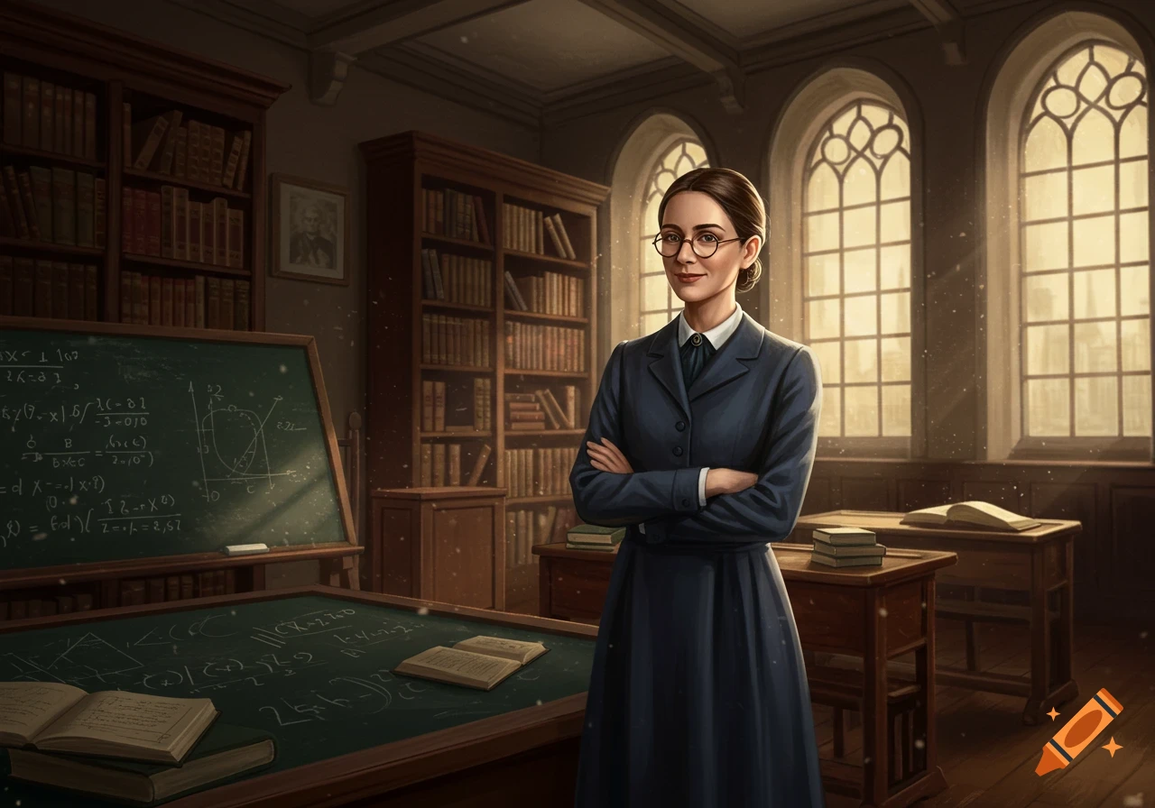 A woman in a blue dress and glasses stands in a vintage classroom with blackboards and large arched windows.