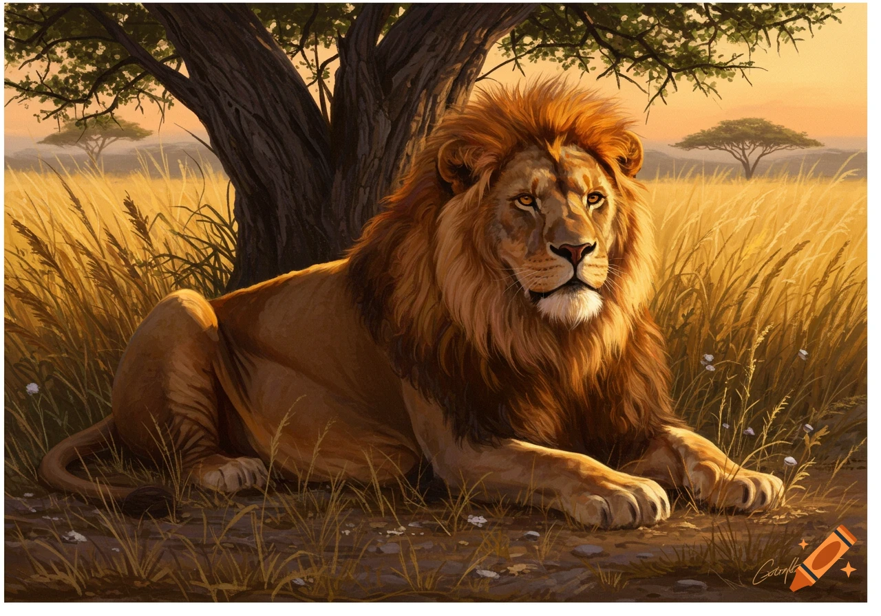 A majestic lion with a golden mane lies under a large tree in a sunlit African savanna, painted in an illustrative style.