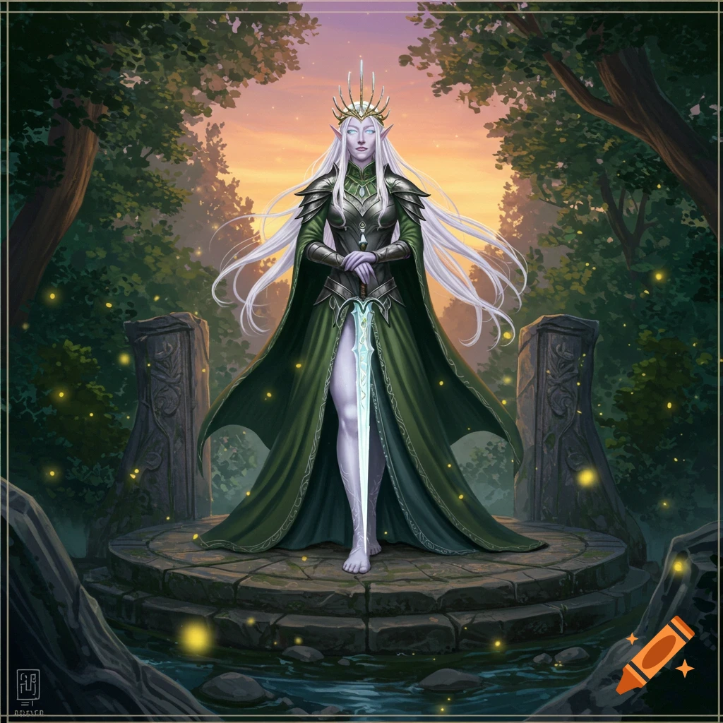 A white-haired elf queen in green armor and cape stands on a stone platform in a forest at sunset, holding a glowing sword.