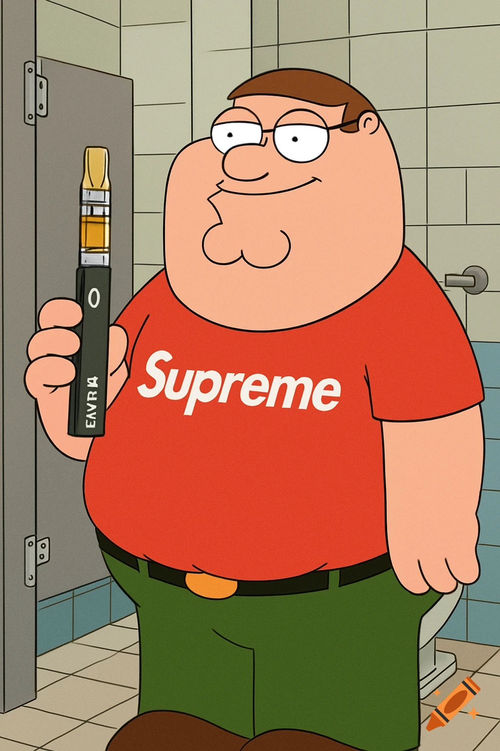 Peter Griffin from Family Guy wearing a red Supreme t-shirt, standing in a public bathroom stall, holding a black vape.