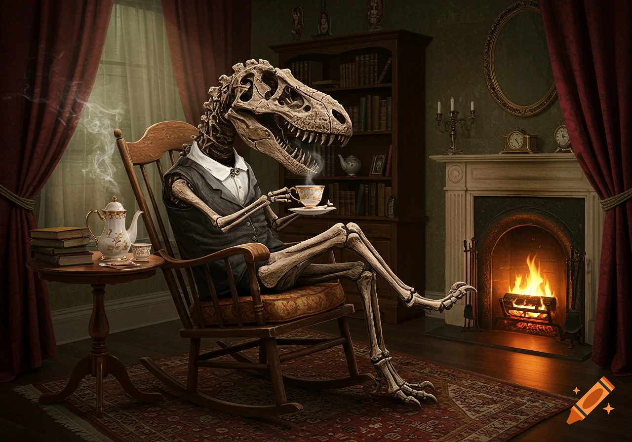 A photorealistic skeleton T-Rex in a waistcoat sips tea in a rocking chair by a warm fireplace in a classic study.
