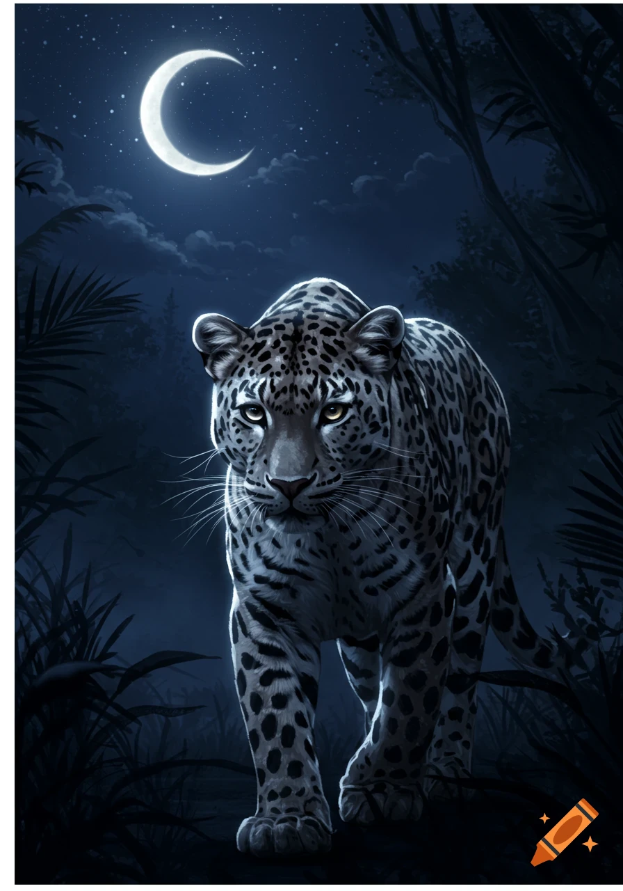 A majestic leopard with bright eyes walks through a dark jungle under a crescent moon and starry night sky.