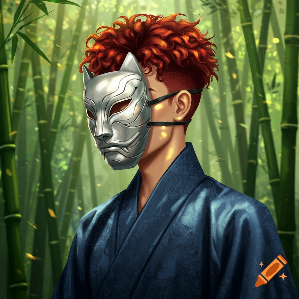 A young man with red curly hair wearing a silver anbu mask and blue robes stands in a bamboo forest, digital illustration.