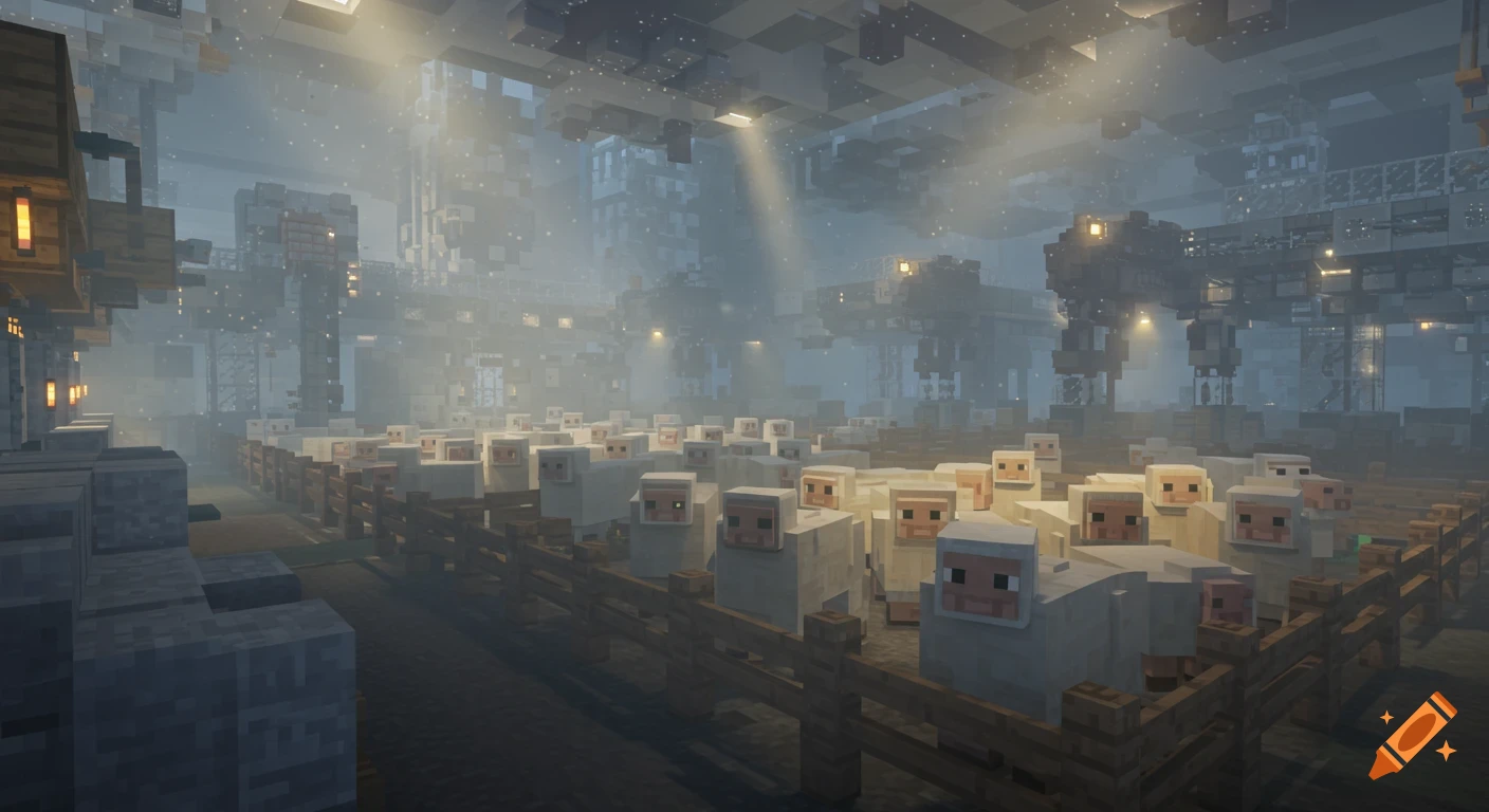 Cinematic Minecraft scene of sad-faced sheep in an industrial farm, with fog and light shafts.