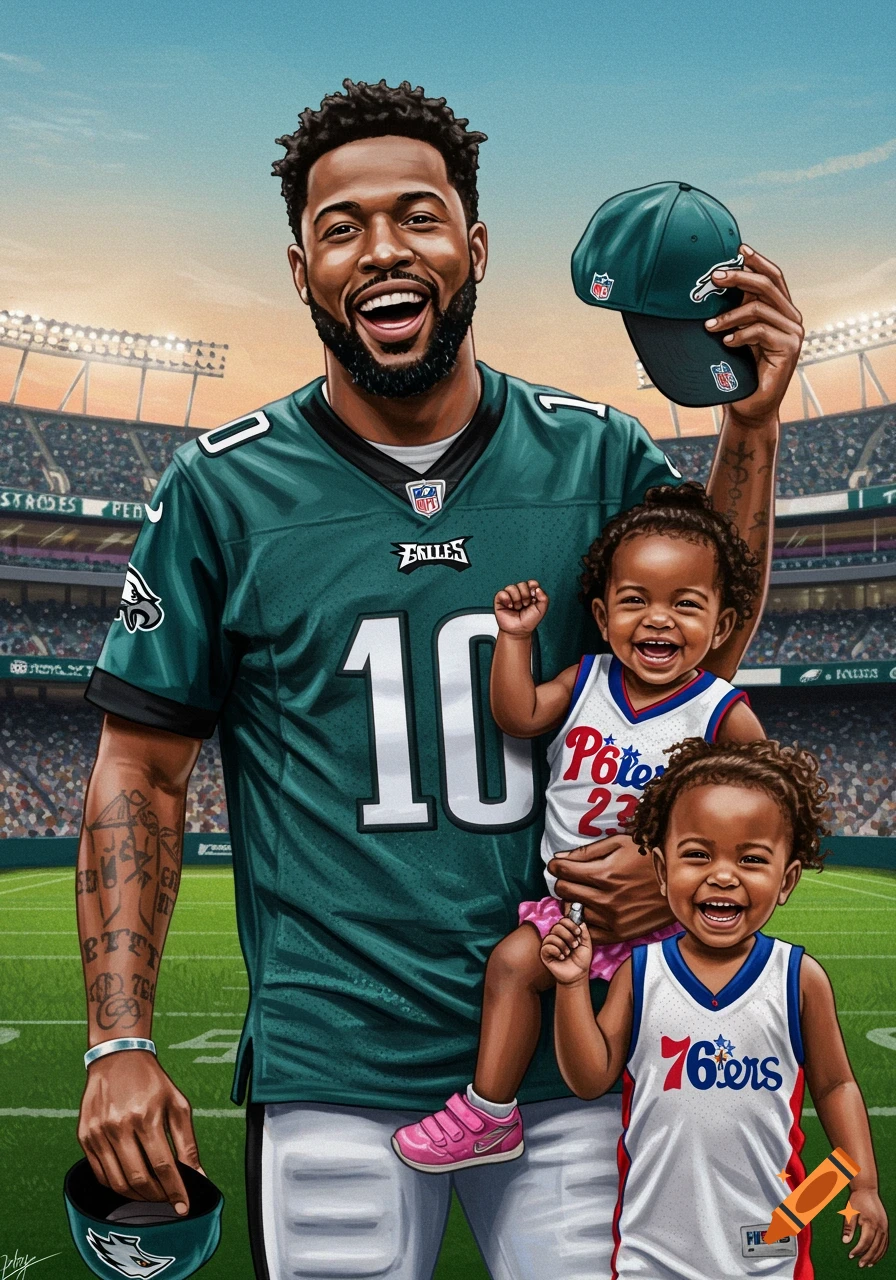 A smiling African American man in an Eagles jersey holds two happy toddlers in a football stadium, with one child in a 76ers jersey and the other in a red and blue jersey. Illustrated style.