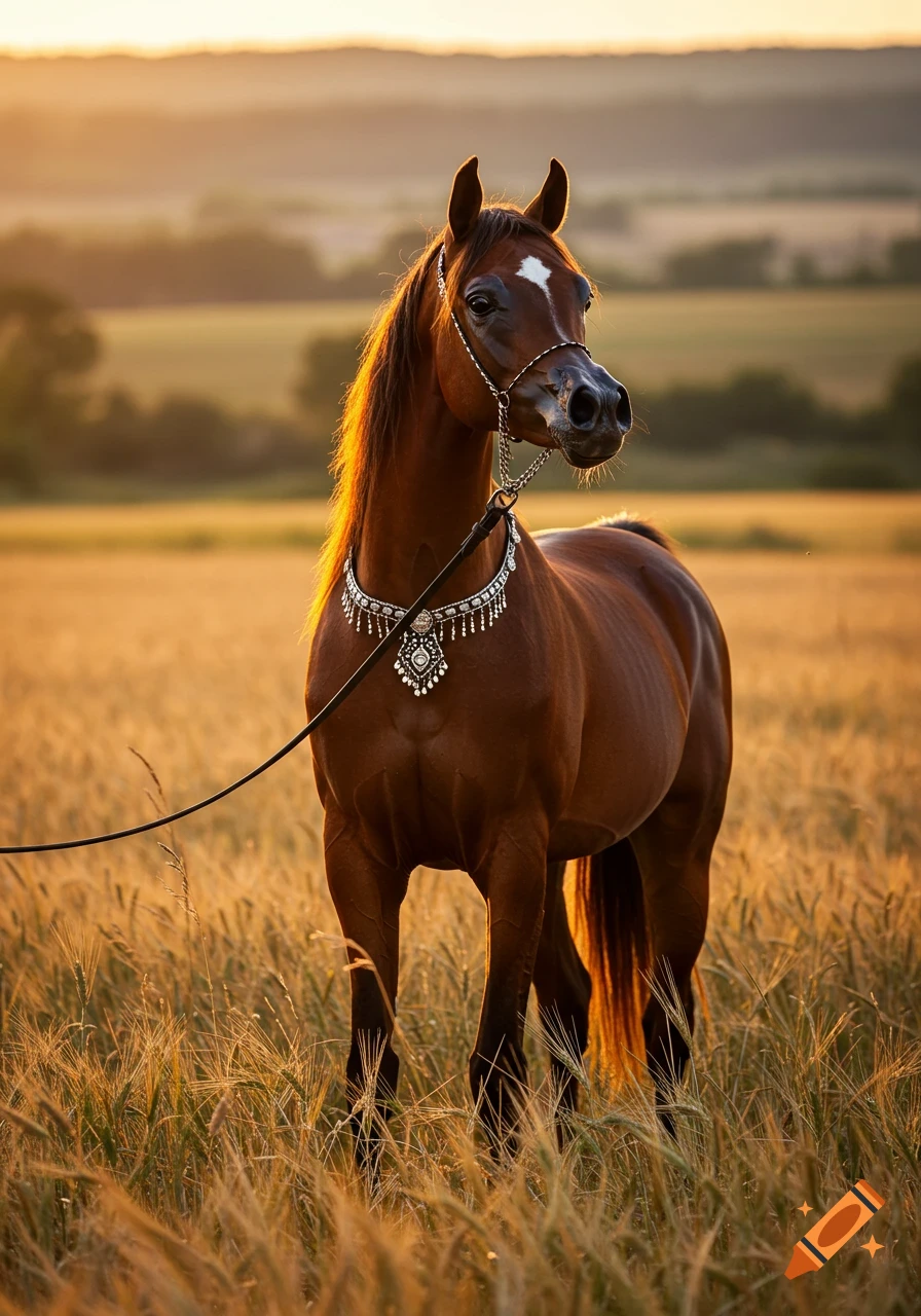 Photorealistic full body portrait of a brown horse with a white blaze and decorative tack, standing in a golden field at sunset.