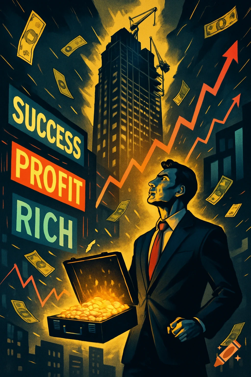 Stylized graphic of a businessman with money, a city skyline, and signs reading 'SUCCESS', 'PROFIT', 'RICH' with upward graphs.