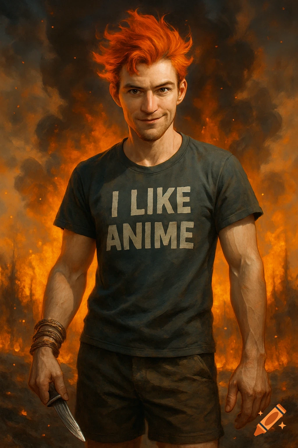 A man with spiky red hair and a slight smile wears an 'I LIKE ANIME' t-shirt, holding a dagger in his left hand, against a fiery, smoky background.
