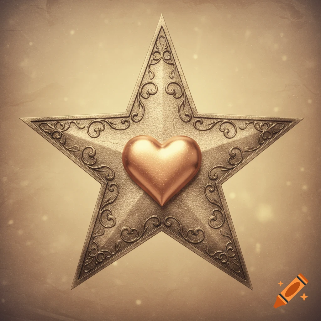 A vintage gold five-pointed star with ornate scrollwork, featuring a shiny metallic gold heart in the center on a textured background.