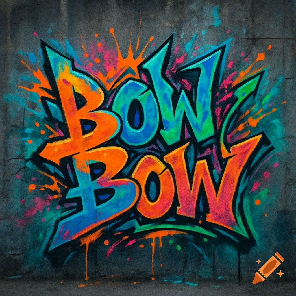Colorful wild-style graffiti spelling 'BOW BOW' on a dark concrete wall with paint splatters and drips.