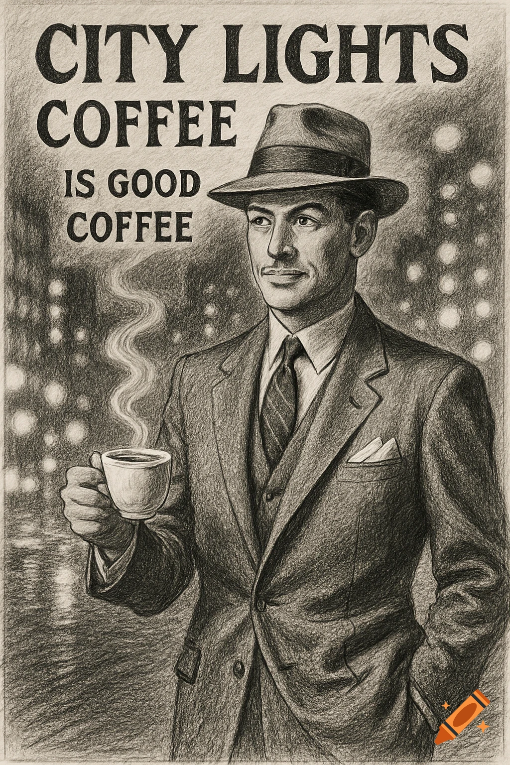 Black and white drawing of a man in a 1950s suit and fedora holding a steaming coffee cup, with city lights and 'CITY LIGHTS COFFEE' text.