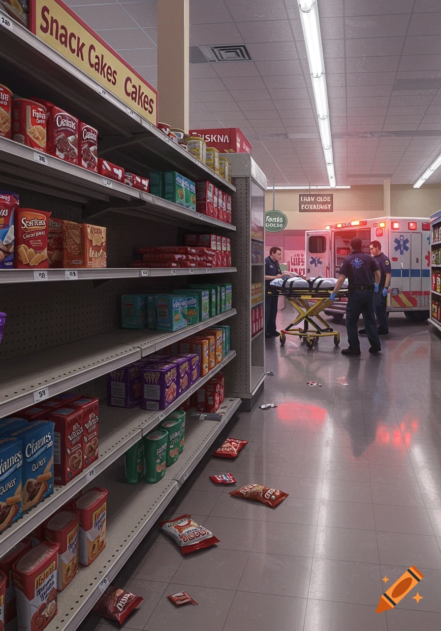 An ambulance crew attends to a person on a stretcher inside a supermarket aisle. Snack cakes are on shelves, and snack bags are on the floor. The scene is lit by overhead fluorescent lights and red ambulance lights.