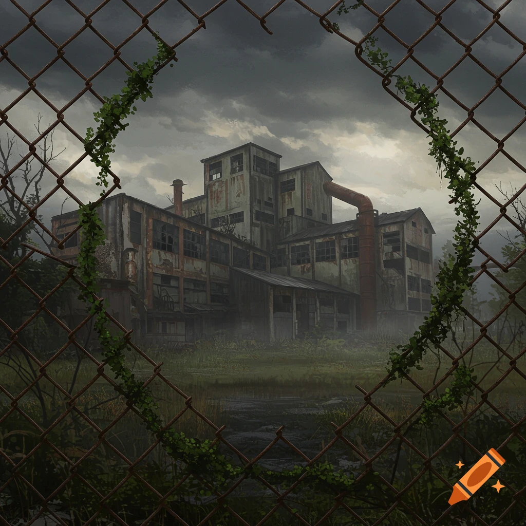 A decaying, abandoned factory seen through a hole in a rusty, vine-covered chainlink fence under a stormy sky.